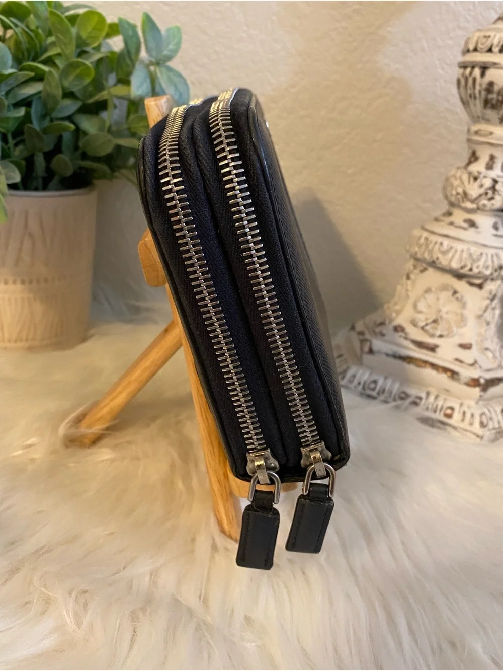 PRADA Unisex Saffiano Double Zip Travel Organizer/ Clutch Wallet with Stripe